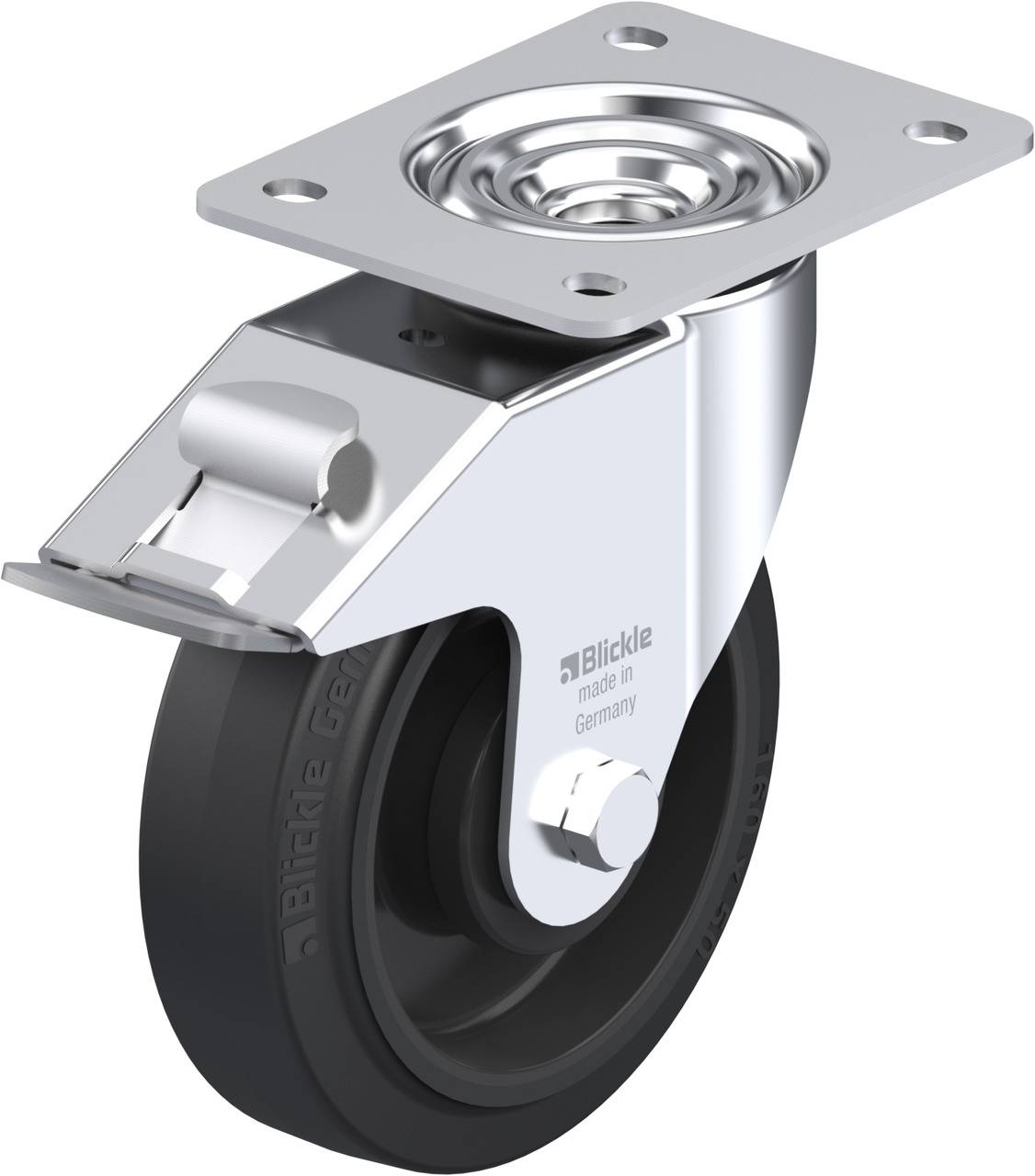 Ein silbernes Lenkrolle aus Metall mit schwarzem Rad, beschriftet mit 'Blickle made in Germany'.