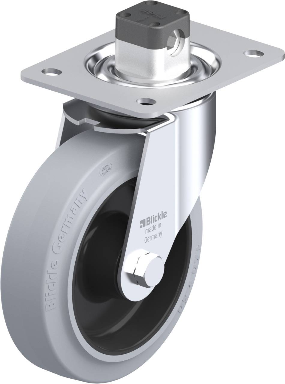 Graue Lenkrolle mit metallener Halterung und rechteckiger Befestigungsplatte; Aufschrift 'Blickle made in Germany' an der Rolle.