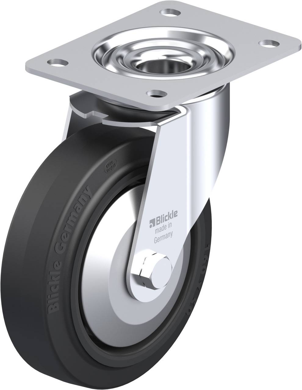 Schwenkrolle aus Metall mit schwarzem Rad und rechteckiger Montageplatte. Aufschrift 'Blickle made in Germany' sichtbar.