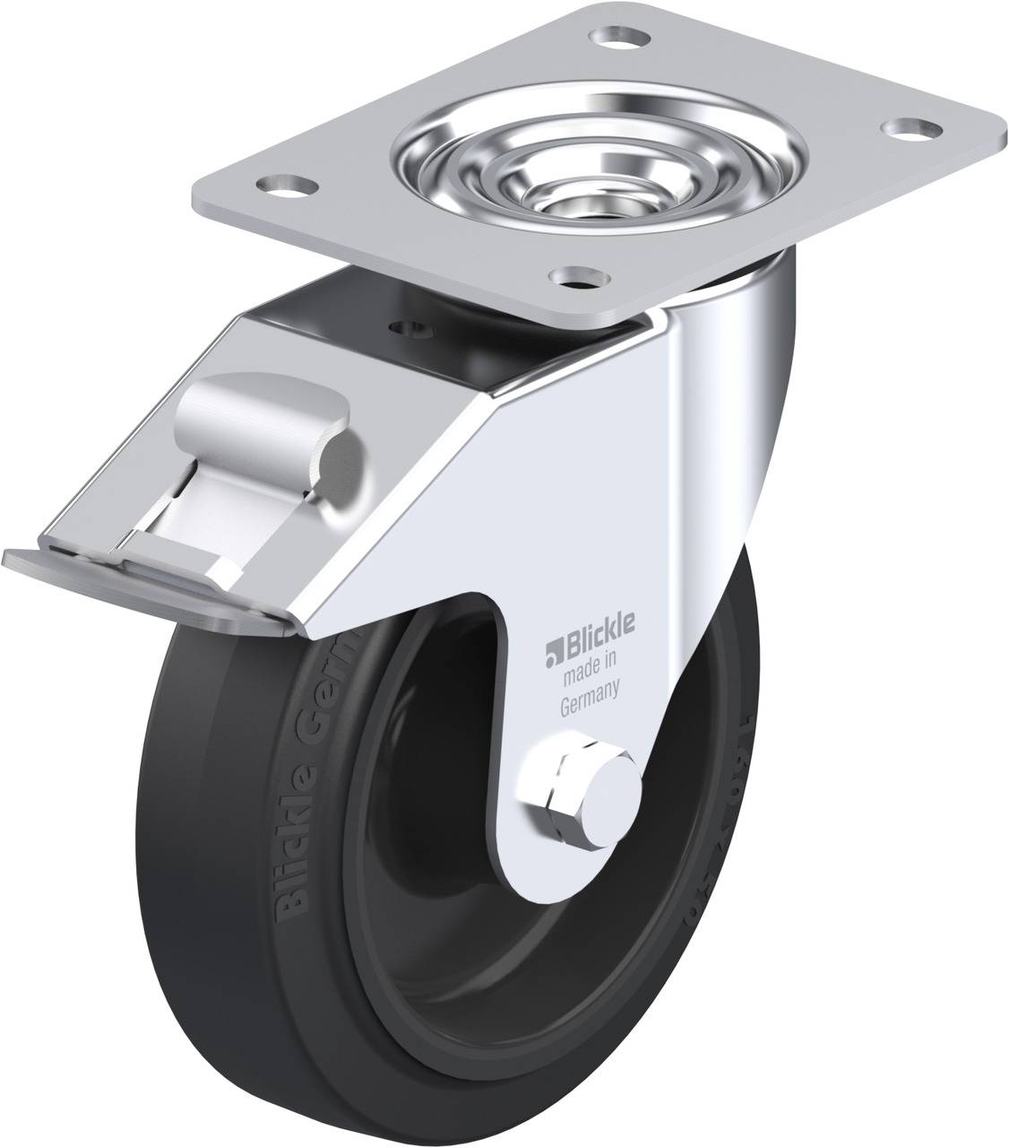 Ein graues Transport-Lenkrolle aus Metall mit schwarzem Rad, geeignet für industrielle Anwendungen. Auf der Seite steht 'Blickle made in Germany'.