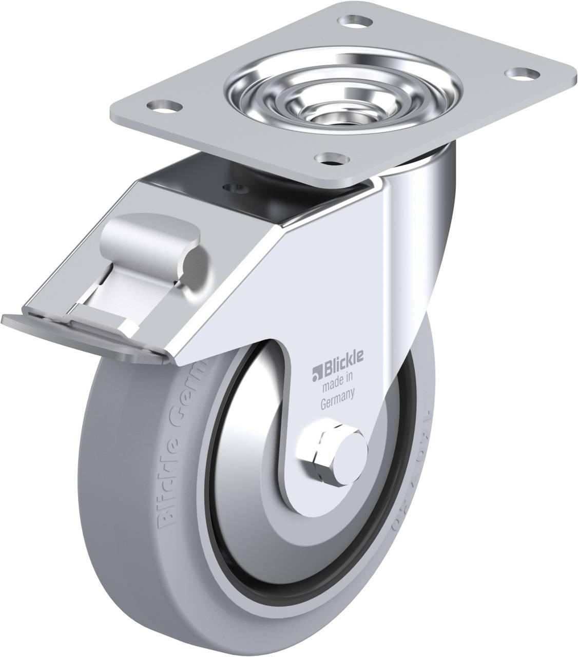 Rolle mit grauem Rad und Befestigungsplatte aus Metall, geeignet für Möbel und Geräte. Markierung 'Blickle made in Germany'.