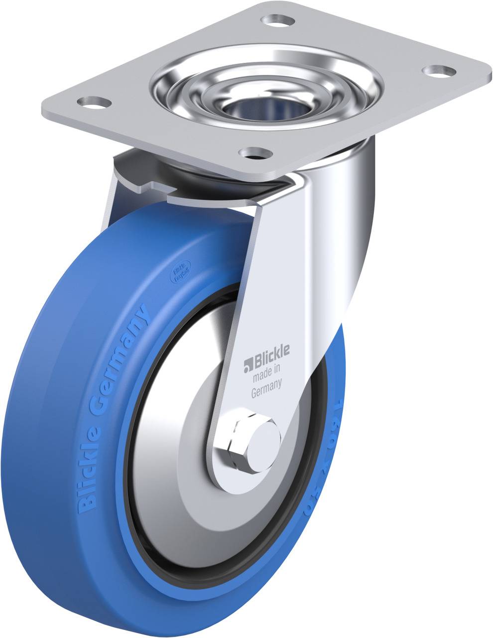 Schwenkrolle mit blauem Rad und Metallgehäuse, Aufschrift 'Blickle Germany'. Geeignet für Transportwagen und Industrieanwendungen.