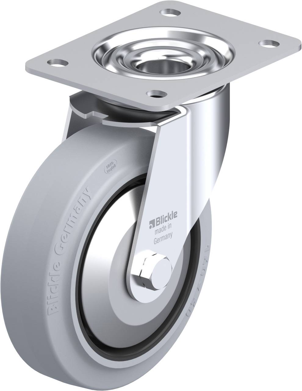 Graue, drehbare Möbelrolle aus Metall mit Halterung. Aufschrift auf dem Rad: 'Blickle made in Germany'.