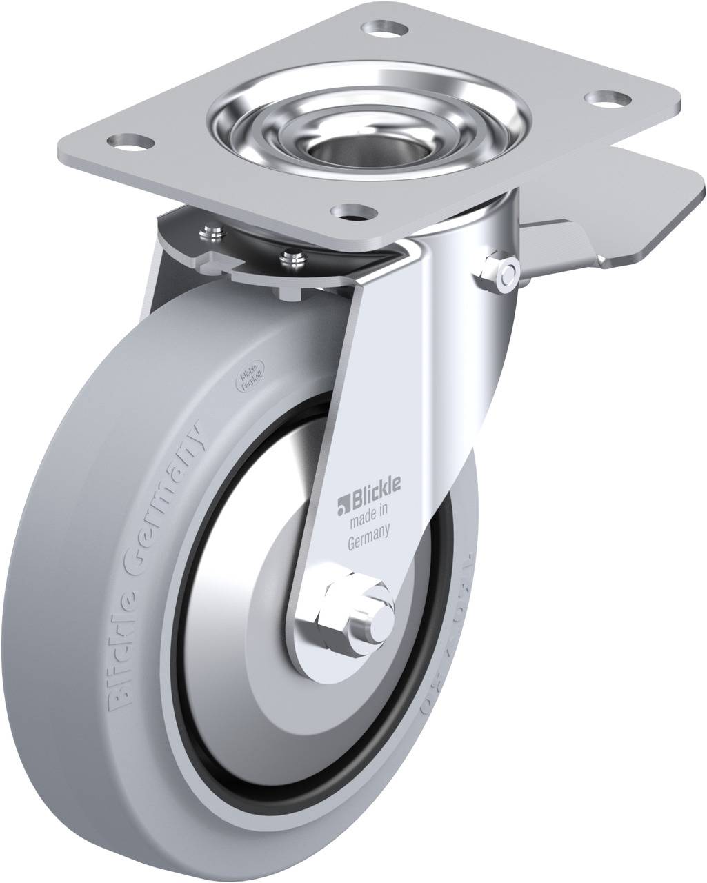 Industrie-Lenkrolle mit grauer Gummireifen, Metallgabel und Montageteller aus Edelstahl, von der Marke Blickle.