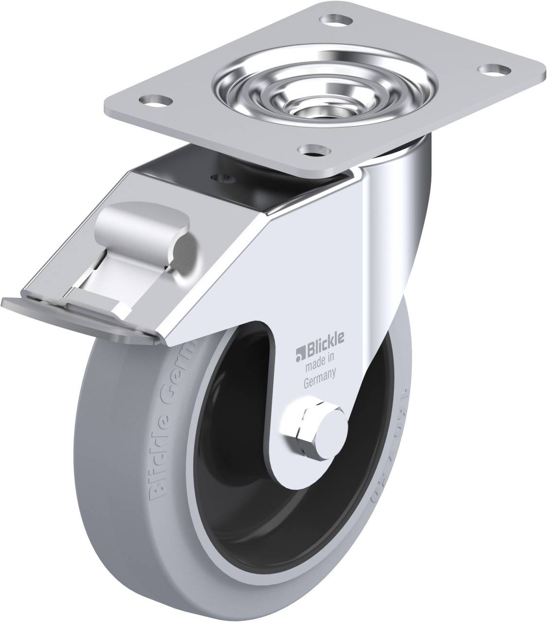 Ein drehbares industrielles Lenkrollensystem aus Metall, geeignet für schwere Lasten. Es hat eine graue Gummilauffläche.