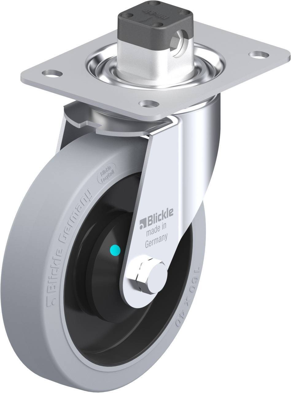 Schwenkrolle mit grauem Gummireifen, silbernem Gehäuse, und Befestigungsplatte. Produkt von Blickle, 'made in Germany'.