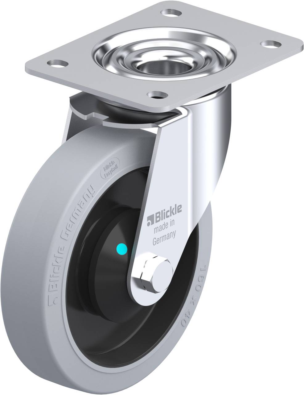 Metall-Lenkrolle mit grauem Rad, Kugellager und Platte zur Befestigung. Text 'Blickle made in Germany' sichtbar auf der Metallfassung.