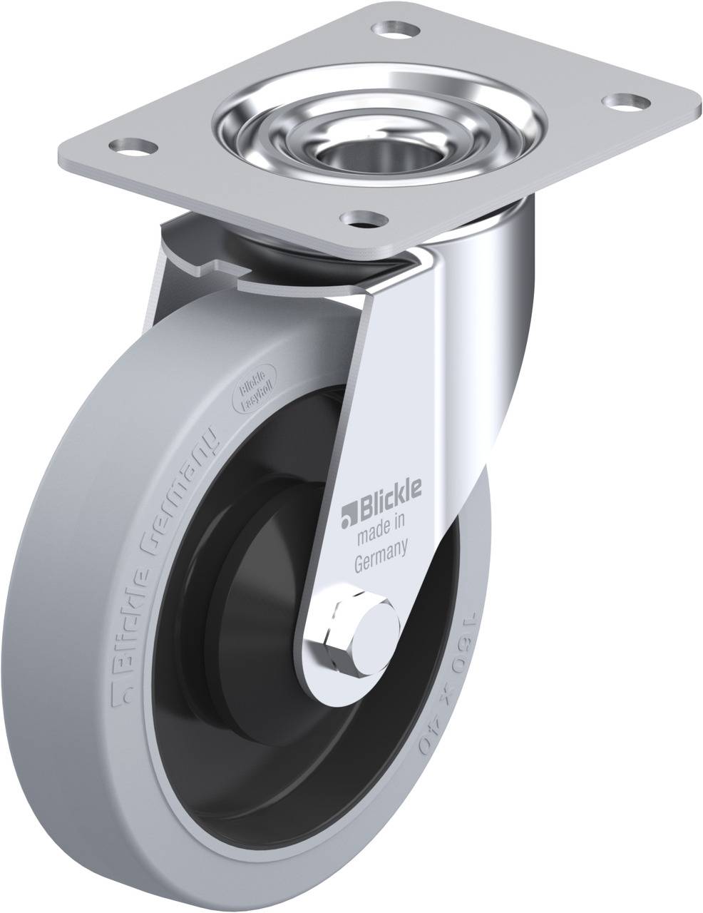 Rollenrad aus Metall und Kunststoff, mit Aufhängung und Befestigungsplatte, hergestellt in Deutschland, von der Marke Blickle.