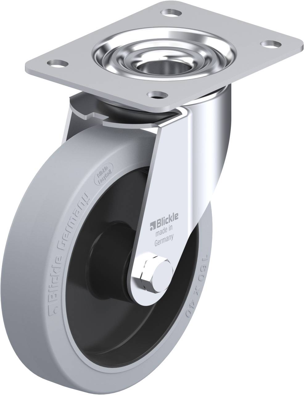 Industrie-Lenkrolle aus Metall mit grauem Rad, Markenname 'Blickle' sichtbar. Geeignet für Transportgeräte oder Möbel.