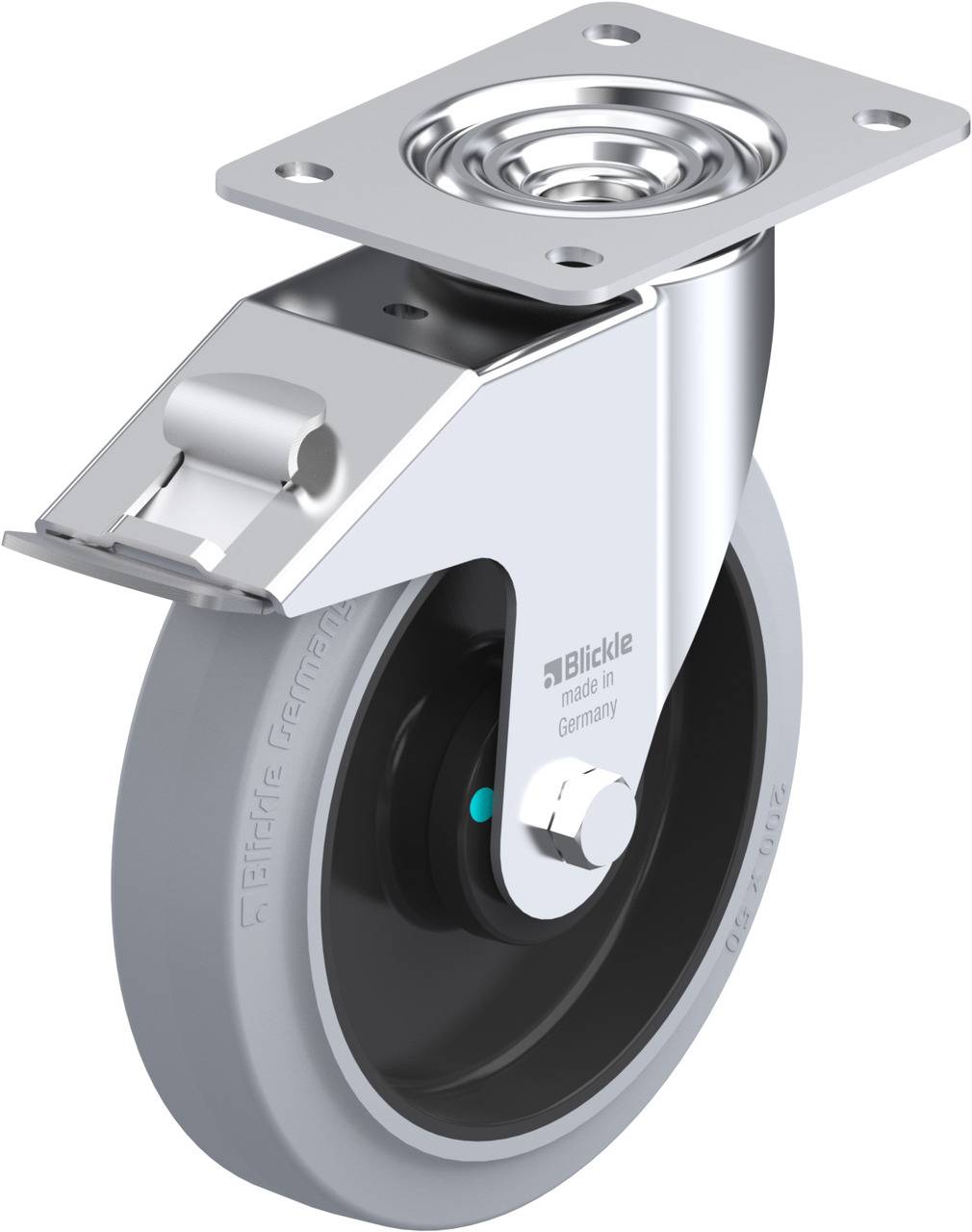 Metallisches Lenkrolle mit grauem Gummi und rechteckiger Montageplatte, markiert mit 'Blickle'. Geeignet für Transportwagen.