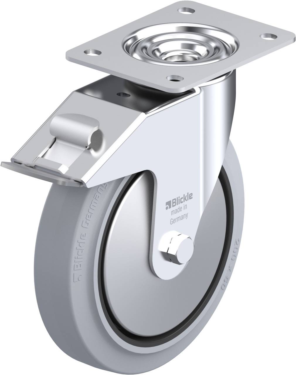 Schwenkrolle aus Metall mit grauem Gummirad, geeignet für schwere Lasten. Herstellername auf der Radseite sichtbar.