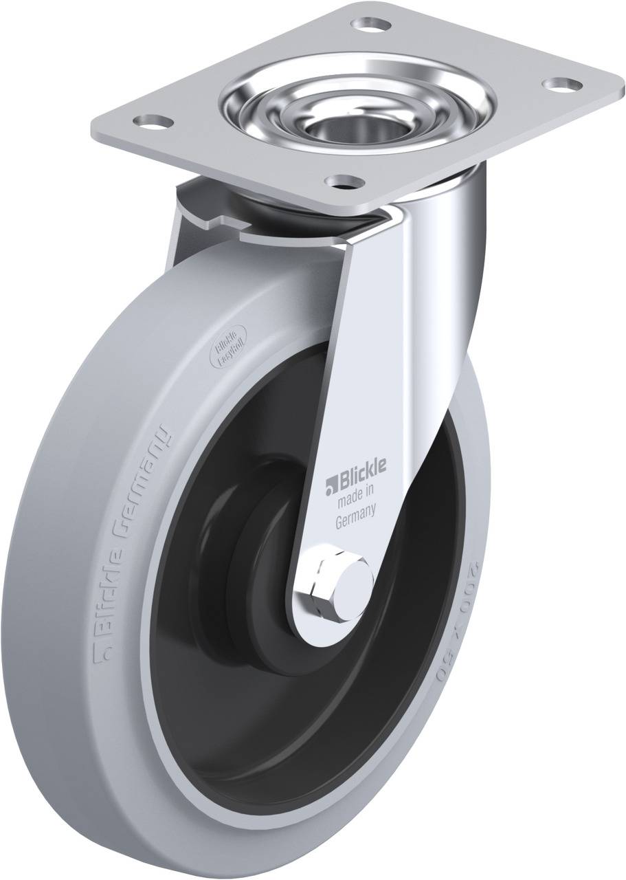 Lenkrolle mit grauem Rad und Metallhalterung. Aufschrift auf der Rolle: 'Blickle Germany'. Geeignet für leichte bis mittlere Lasten.