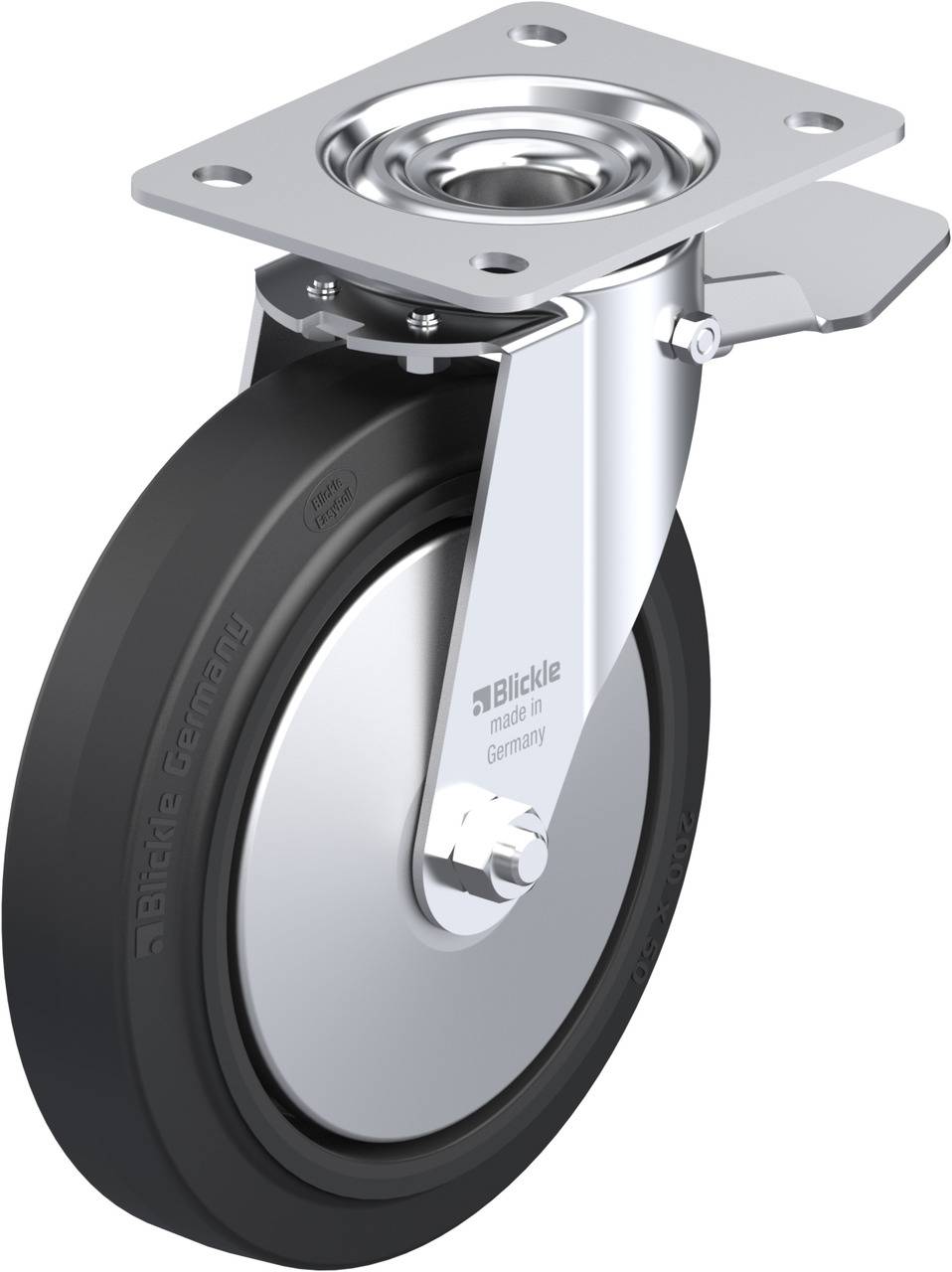 Ein robustes, schwenkbares Transportrollenrad mit Bremse aus Metall und schwarzem Gummi, geeignet für Industrieanwendungen.
