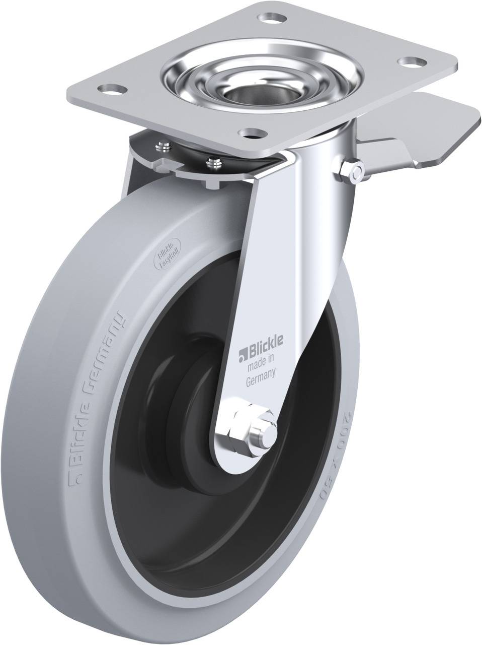 Schwenkrolle aus Metall und Kunststoff. Grau mit grauem Rad und schwarzem Kern, Befestigungsplatte oben. Hergestellt in Deutschland.