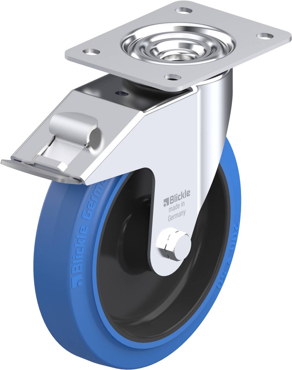 Industrie-Lenkrolle mit blauem Gummirad, silbernem Gehäuse und rechteckiger Befestigungsplatte. Aufschrift 'Blickle Germany'.