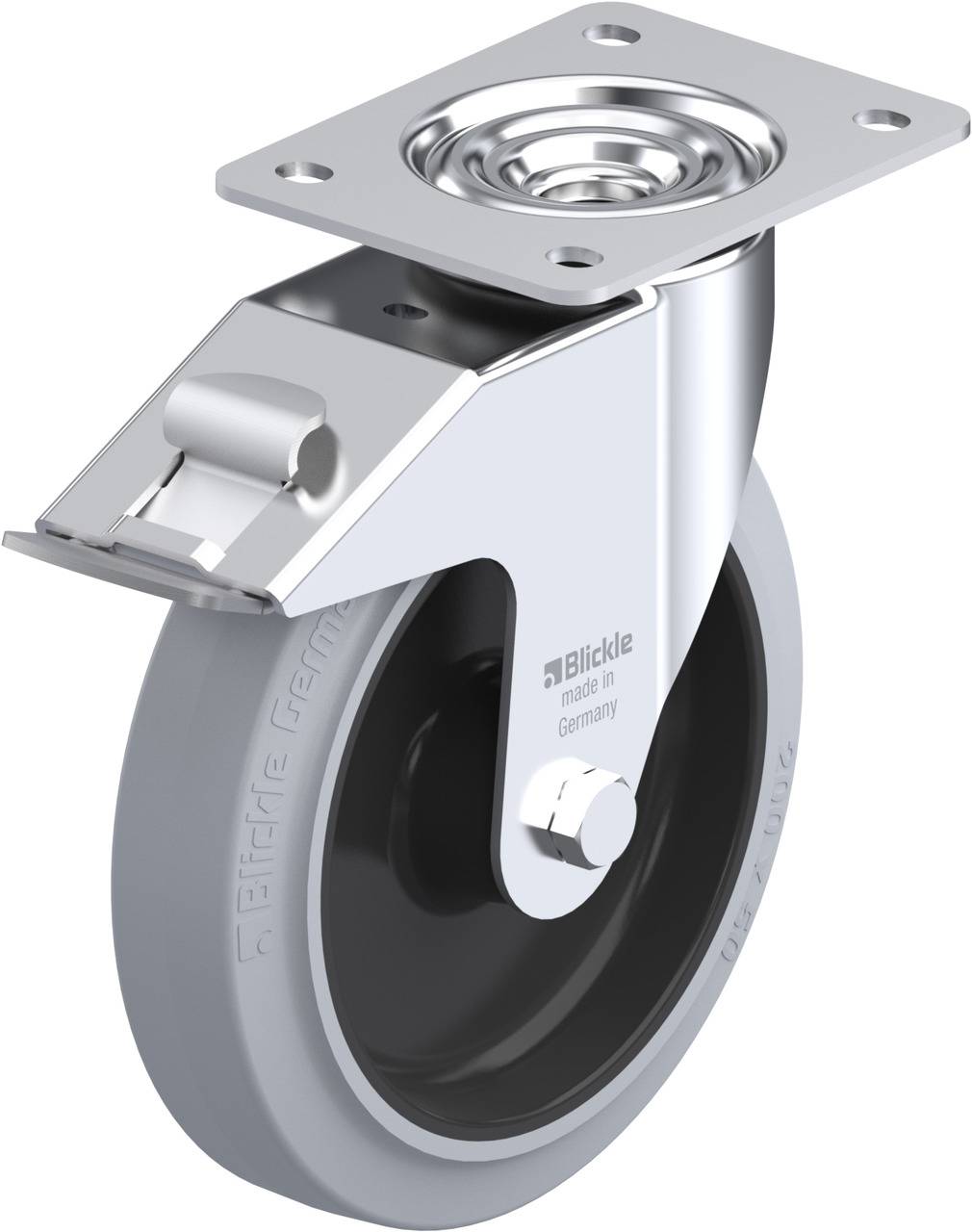 Metallrolle mit grauem Rad und Halterung. Markenname an der Seite. Geeignet für Transportausrüstung oder Möbel.