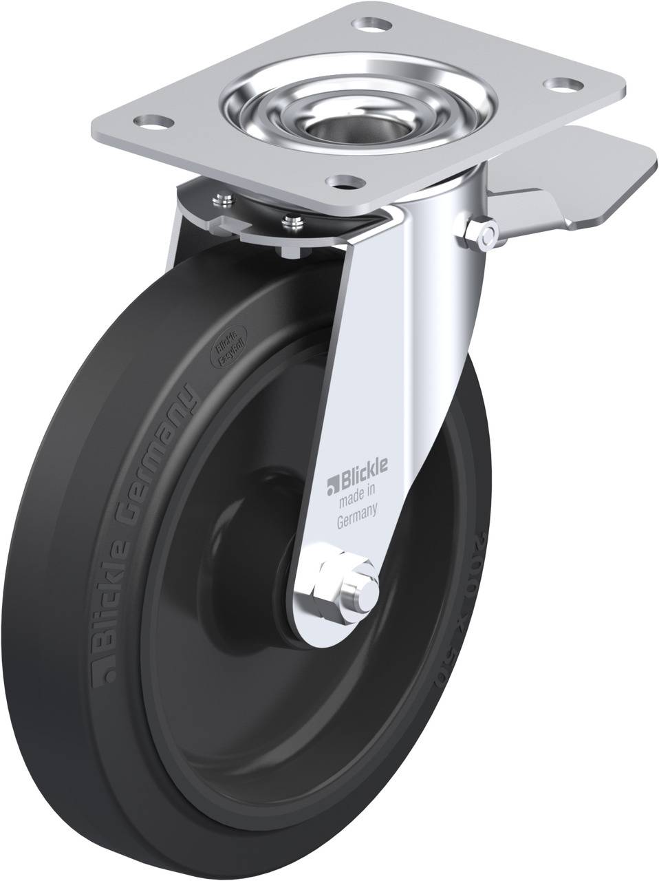 Schwenkbares Rad mit schwarzem Gummi und Metallsockel, geeignet für Möbel oder Transportgeräte.