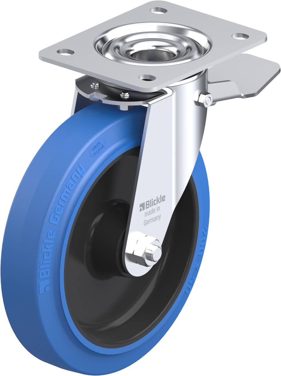 Eine blaue Transportrolle mit silbernem Gehäuse und Befestigungsplatte, geeignet für den Einsatz in Industrieumgebungen.