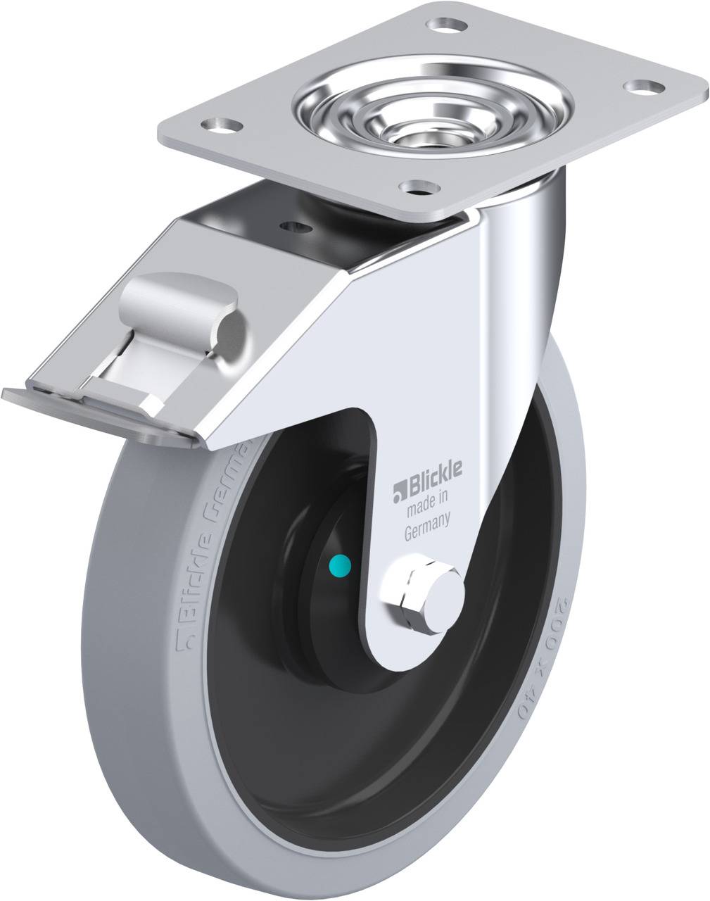 Schwenkrolle aus Metall mit grauem Kunststoffrad, Montageplatte oben, hergestellt in Deutschland, von der Marke Blickle.