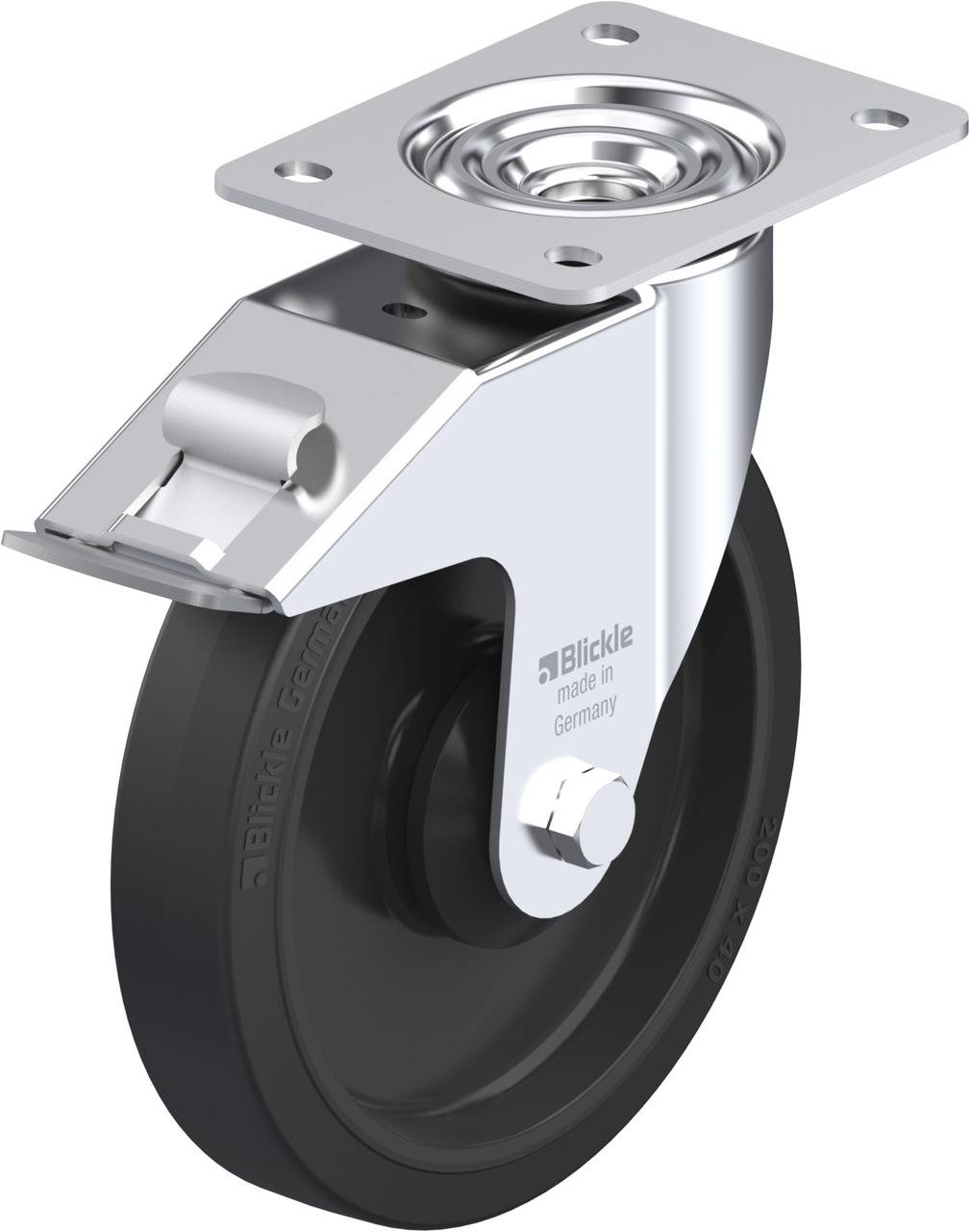 Metallrolle mit schwarzem Rad und Befestigungsplatte. Geeignet für den Einsatz an Transportgeräten oder Möbeln.