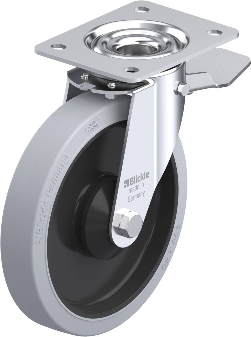 Drehbares Rollengehäuse aus Metall mit grauem Rad aus Gummi, seitliche Bremsvorrichtung, geeignet für industrielle Anwendungen.