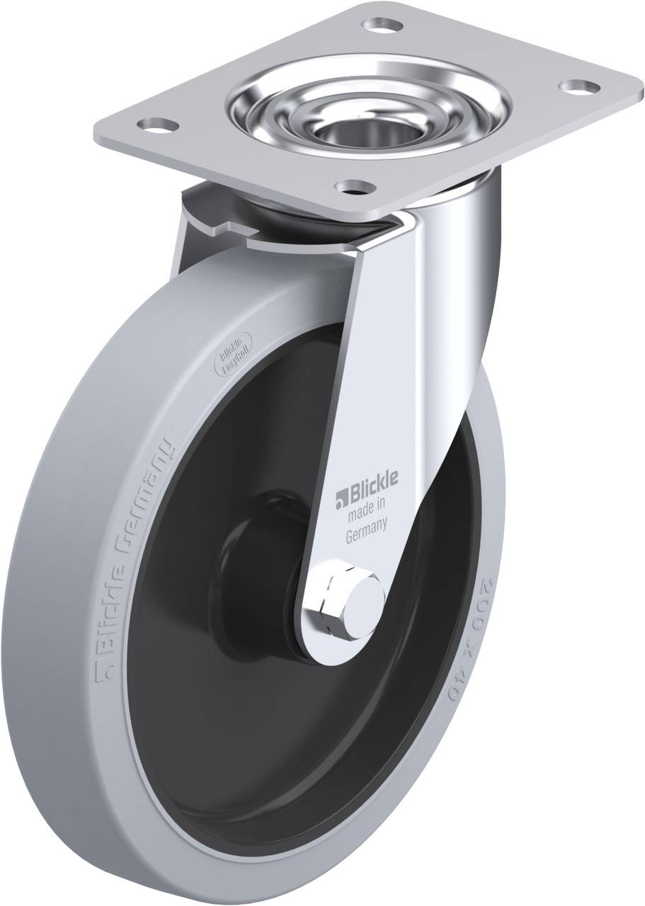Industrie-Lenkrolle aus Metall und Kunststoff mit grauem Rad und Montageplatte. Geeignet für den Einsatz in Transportwagen und Möbeln.