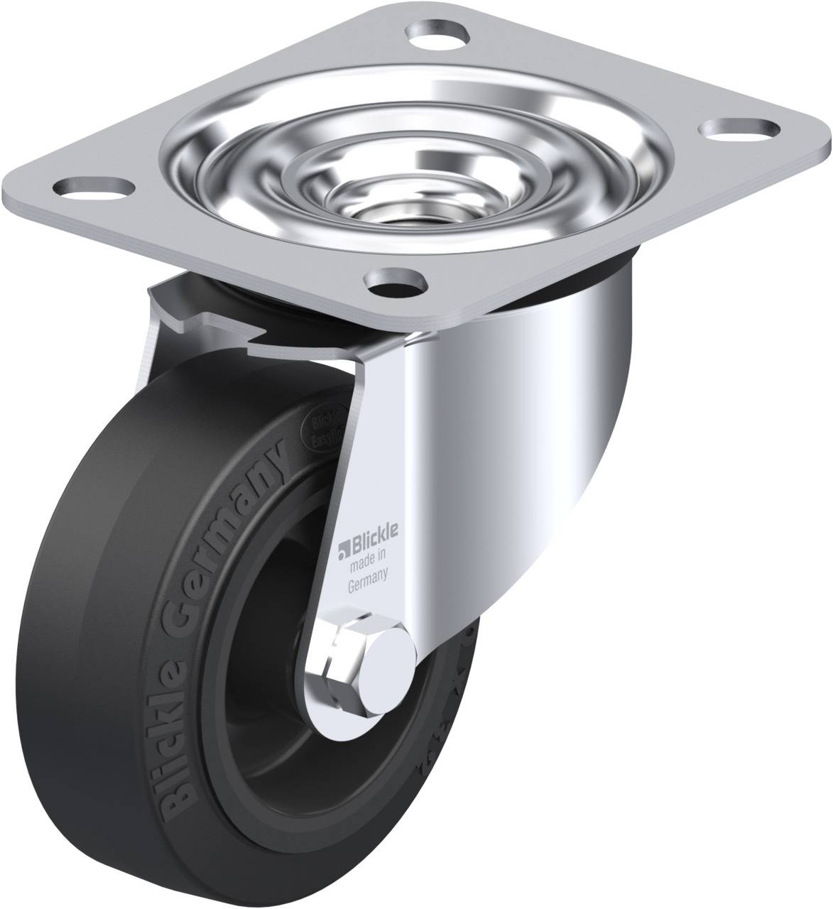 Metallrolle mit schwarzem Gummirad und Befestigungsplatte, geeignet für Möbelsysteme oder Industrieanwendungen. Markenlogo seitlich.
