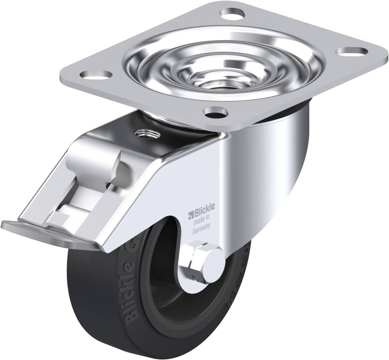 Drehbares Lenkrolle aus Metall mit schwarzem Reifen und Platte zur Befestigung. Geeignet für industrielle Anwendungen.