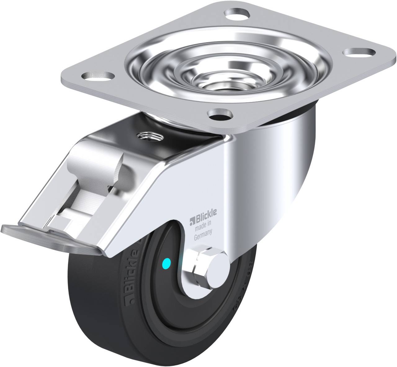 Schwenkrolle mit Platte, silberfarbenes Metallgehäuse, schwarzes Rad, verwendet für mobilen Transport von Geräten auf ebenen Flächen.