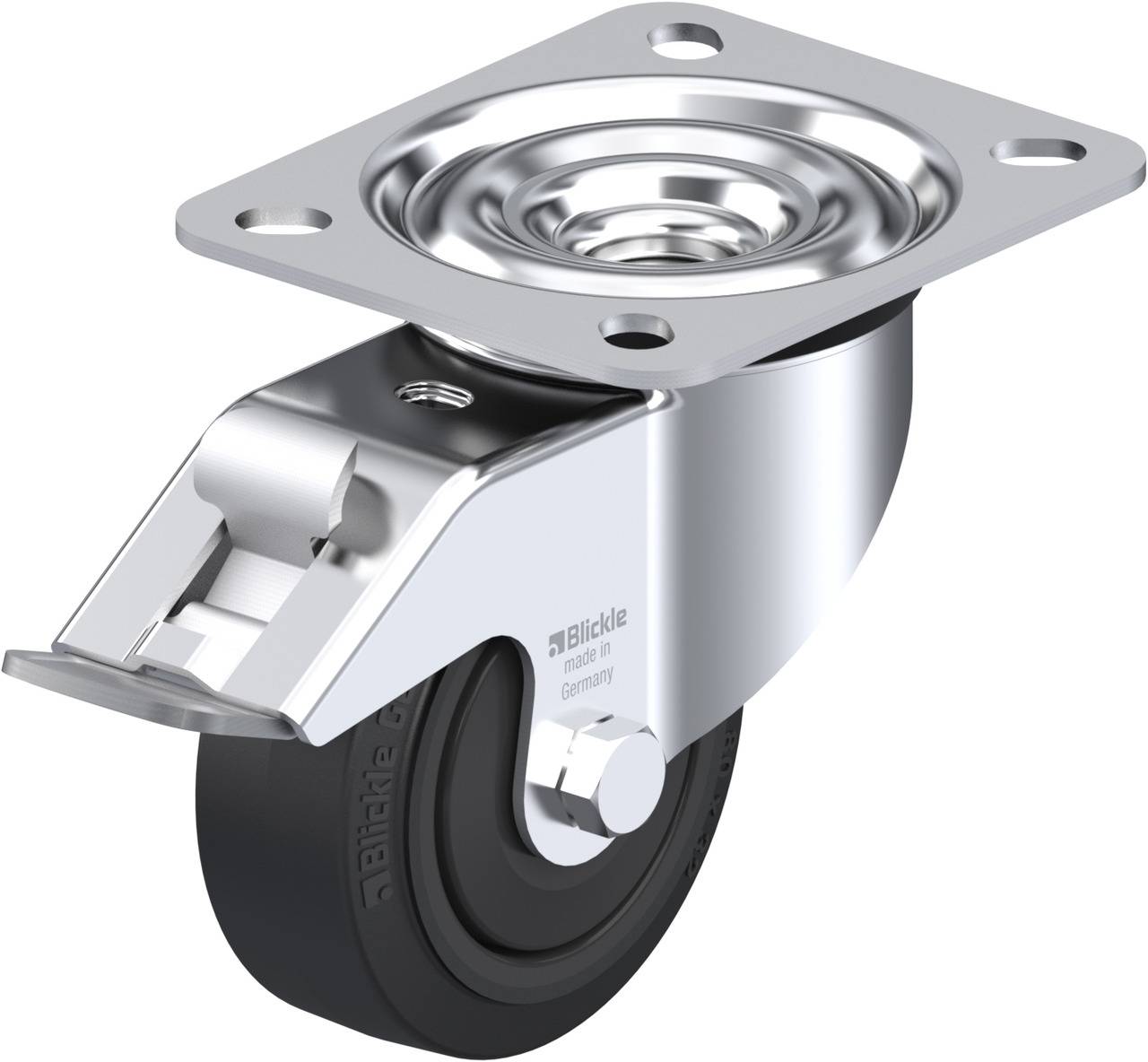 Schwenkrolle aus Metall mit schwarzen Rad und Bremse, geeignet für Möbel oder Transportgeräte. Drehbar und stabil für vielseitigen Einsatz.