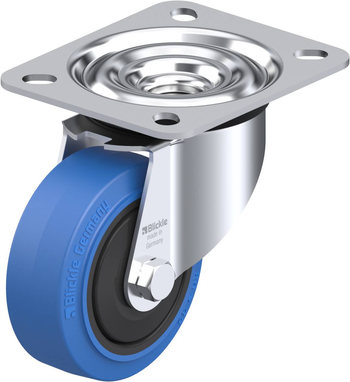 Eine blaue Lenkradrolle mit Metallgehäuse und flacher Befestigungsplatte, geeignet für industrielle Anwendungen, mit dem Aufdruck 