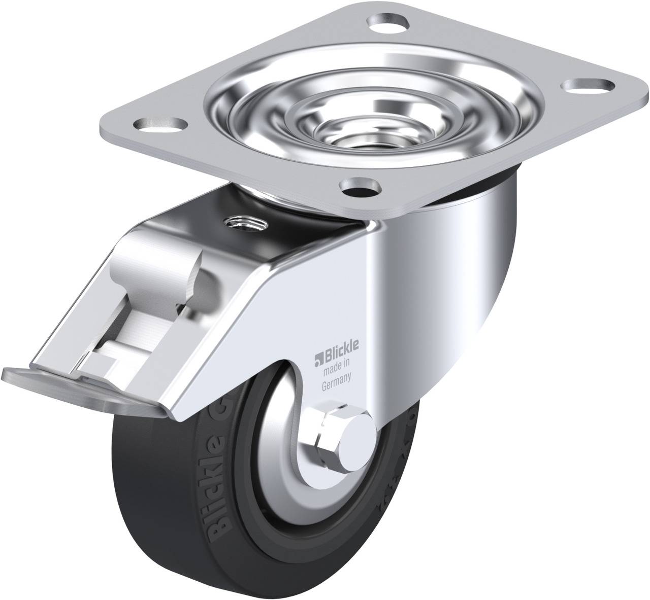 Metallrolle mit schwarzem Rad und silbrigem Gehäuse, geeignet für Möbel oder Geräte. Schwenkbar mit Befestigungsplatte oben.
