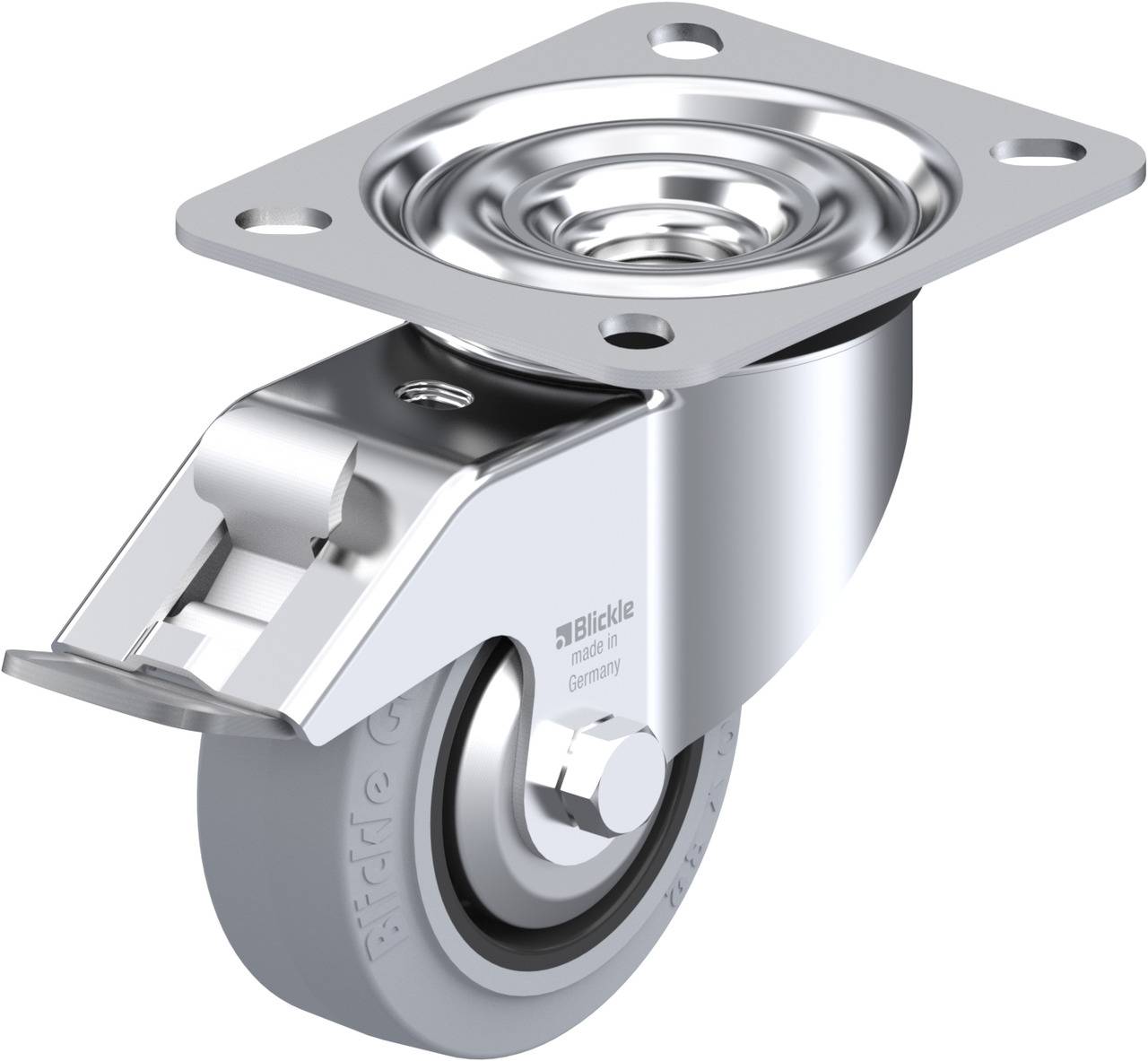 Metallisches Lenkrolle mit grauem Rad und Befestigungsplatte, geeignet für Möbel oder Transportgeräte.