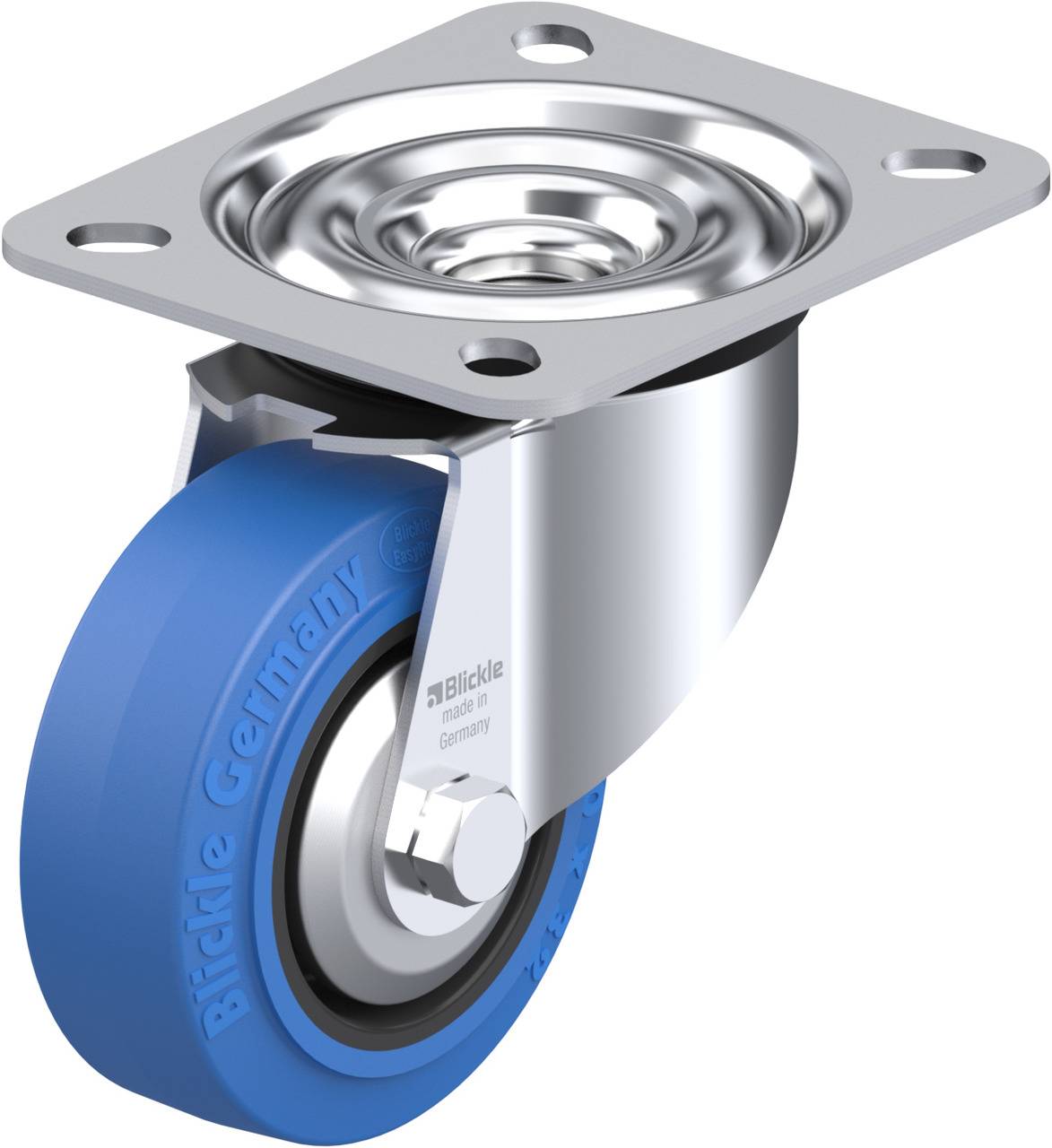 Rolle mit blauem Gummireifen, silbernem Gehäuse und einer Montageplatte. Ideal für leichte bis mittelschwere Transportgeräte.