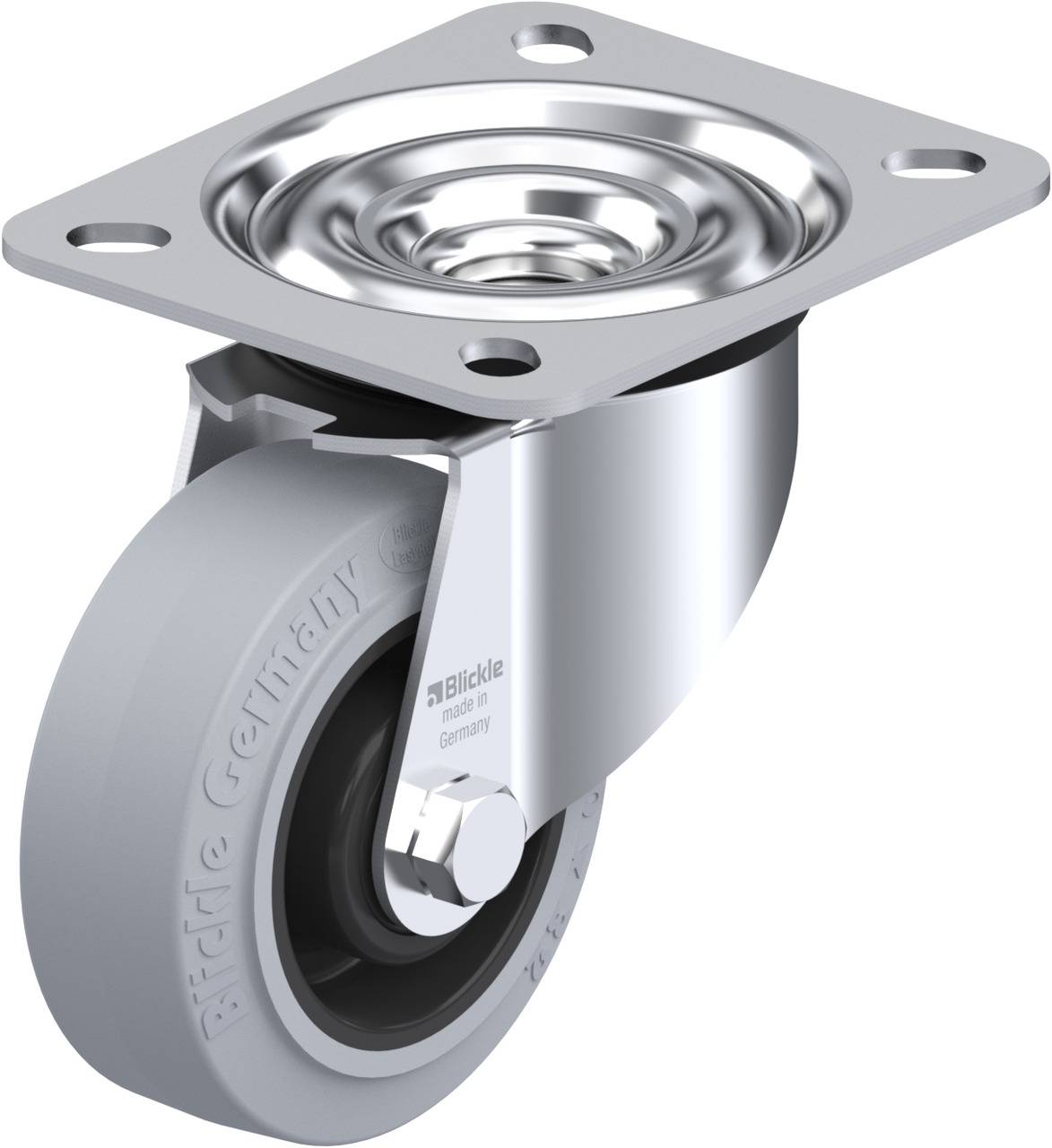 Eine graue Lenkrolle mit Metallhalterung und Befestigungsplatte, geeignet für den industriellen Einsatz.