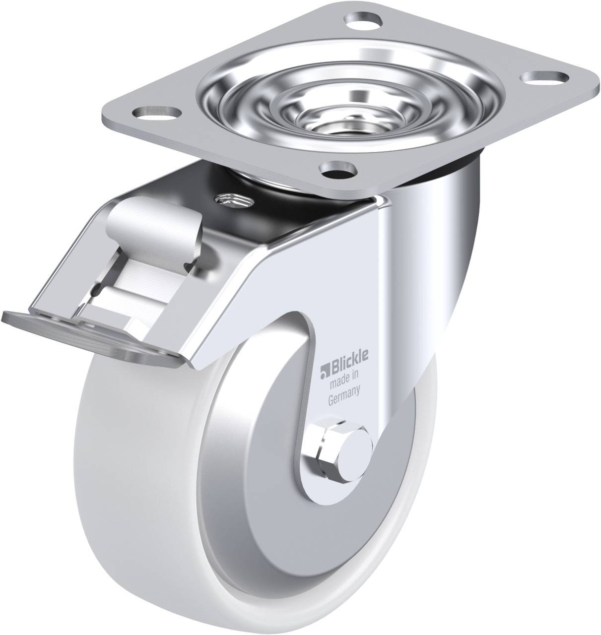 Metallisches Lenkrollenrad mit Bremse, markiert mit 'Blickle, Made in Germany'. Glänzende Oberfläche, geeignet für Möbel oder Transportgeräte.