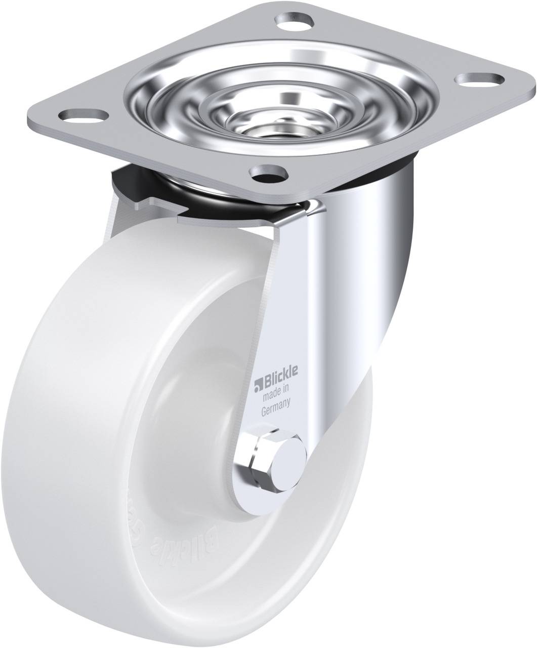 Rolle mit Metallgehäuse und weißem Rad, geeignet zum Anbringen an Möbel oder Geräte für einfache Bewegung.
