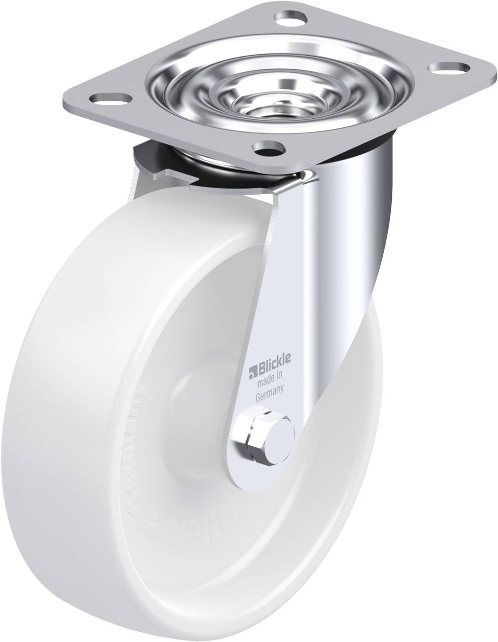 Ein Schwenkrolle aus Metall und Kunststoff mit einem weißen Rad. Die Rolle ist für vielseitige Anwendungen und leichte Manövrierbarkeit geeignet.