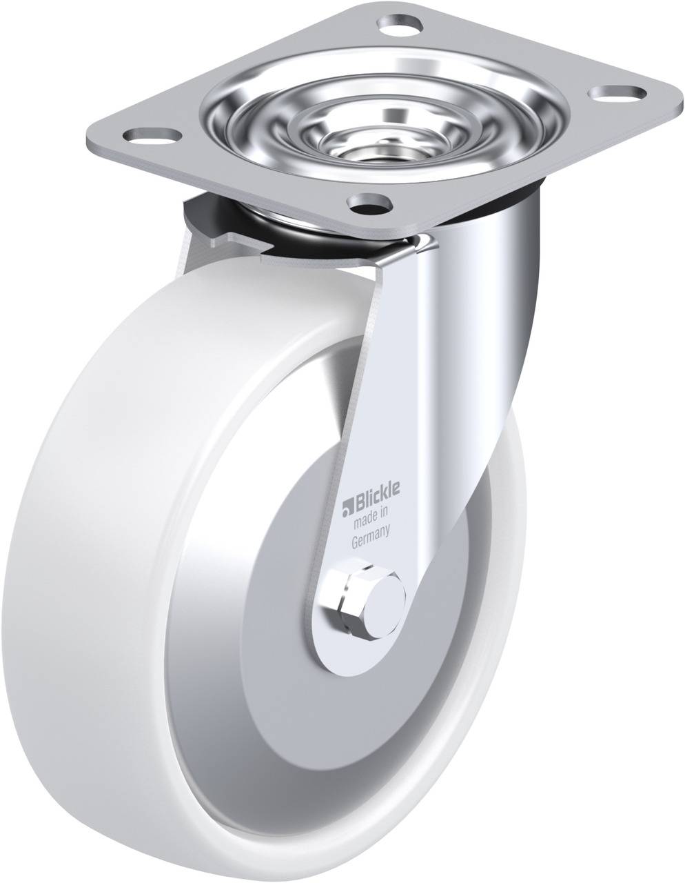 Industrie-Schwenkrolle aus weißem Kunststoff mit Metallhalterung und Befestigungsplatte.