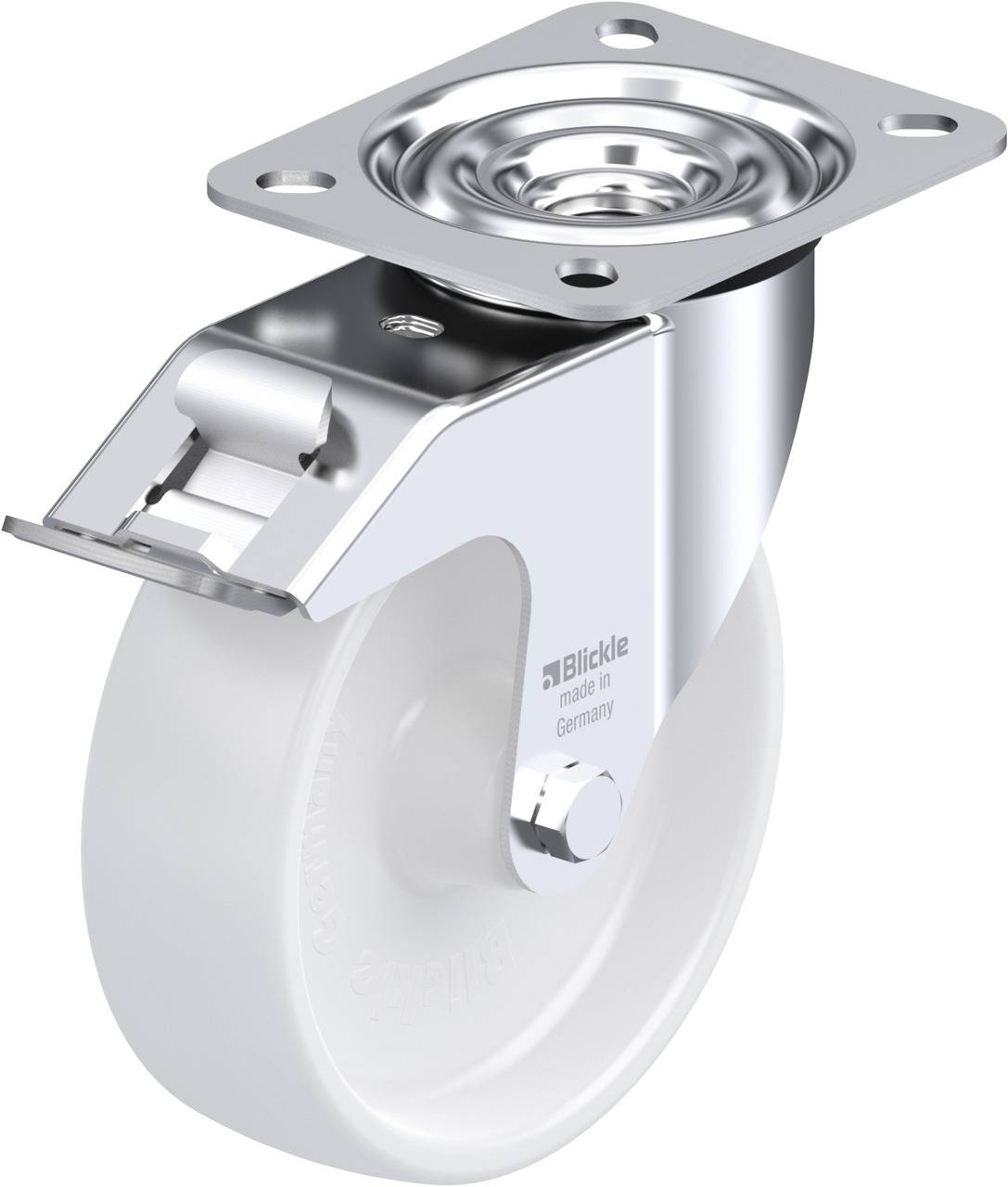 Drehrad aus Metall und Kunststoff mit Befestigungsplatte, geeignet für Möbel oder Industrieausrüstung.