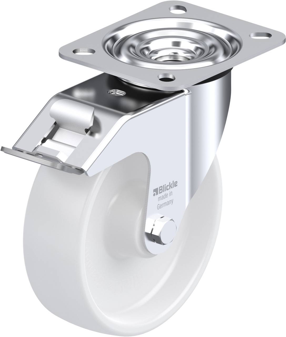 Metallrolle mit weißem Rad und drehbarer Befestigungsplatte. Geeignet für Möbel oder Transportgeräte.