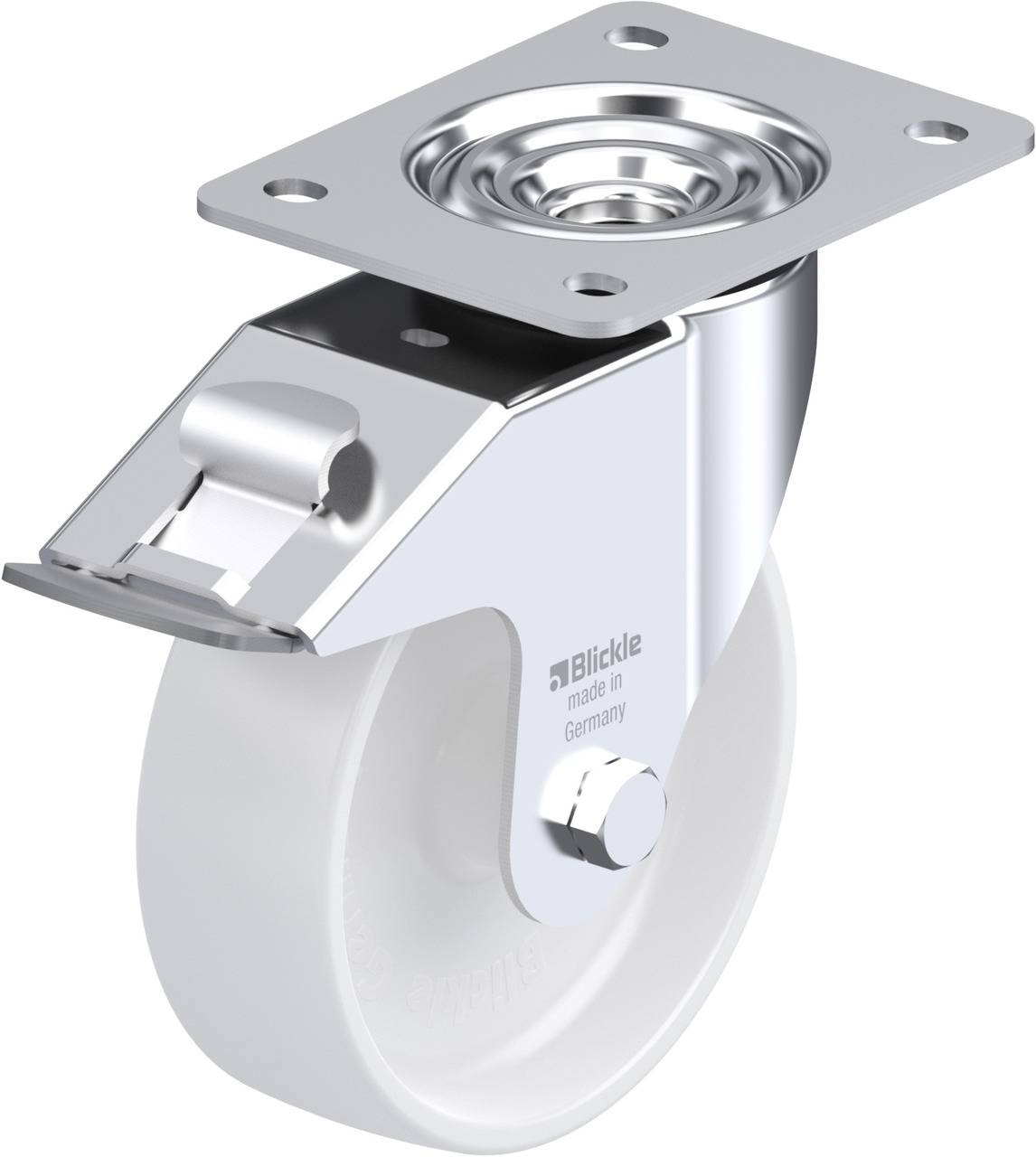 Schwenkrolle mit weißem Rad, Gehäuse aus Metall. Geeignet für Möbel oder Geräte, die Beweglichkeit erfordern.