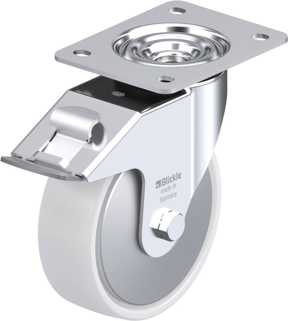 Eine glänzende Lenkrolle aus Metall mit Befestigungsplatte, mit 'Blickle made in Germany'-Aufschrift auf der Radabdeckung.