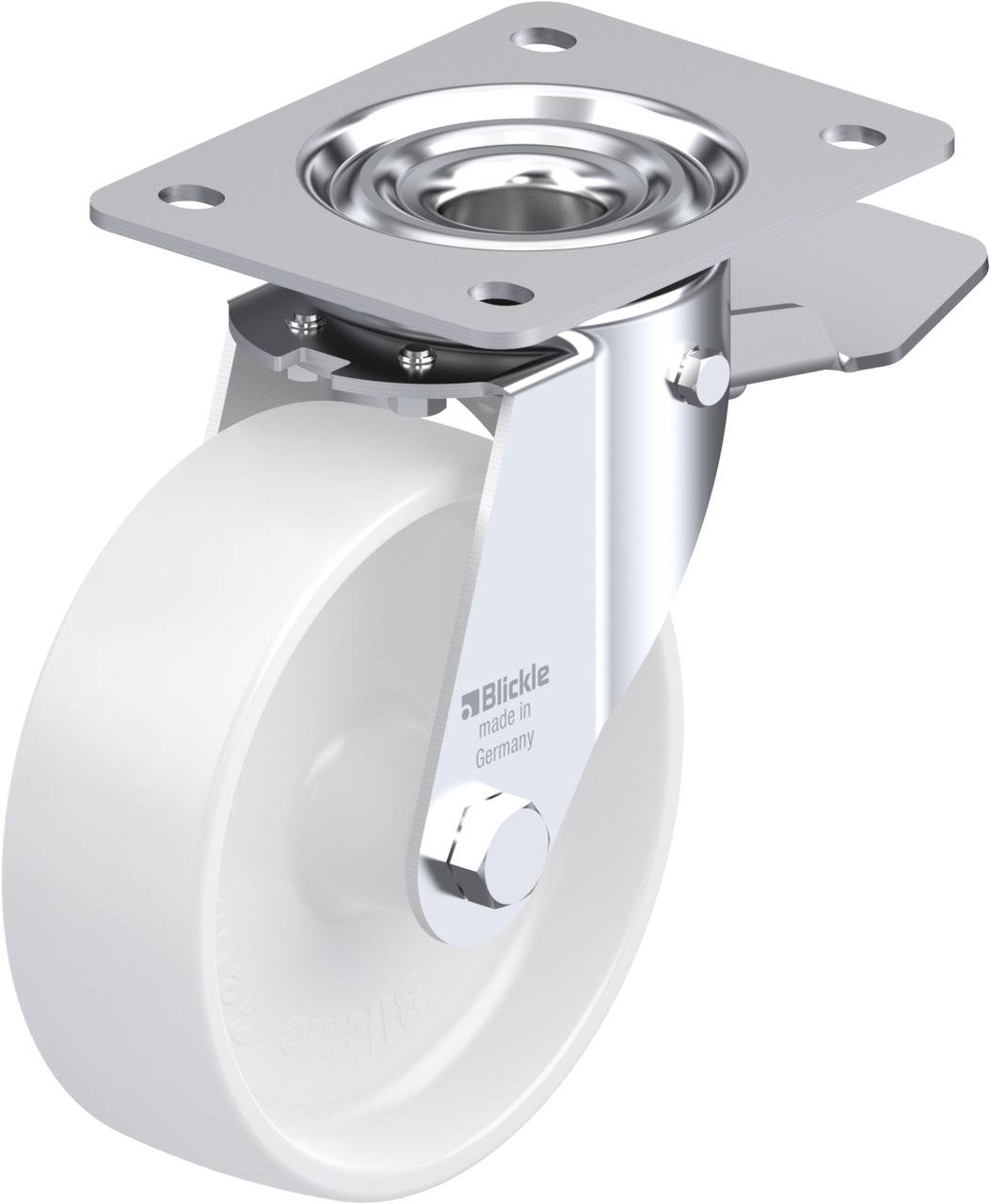 Drehbares Rad mit weißem Rad und Metallhalterung, geeignet für Möbel oder Industrieanwendungen.