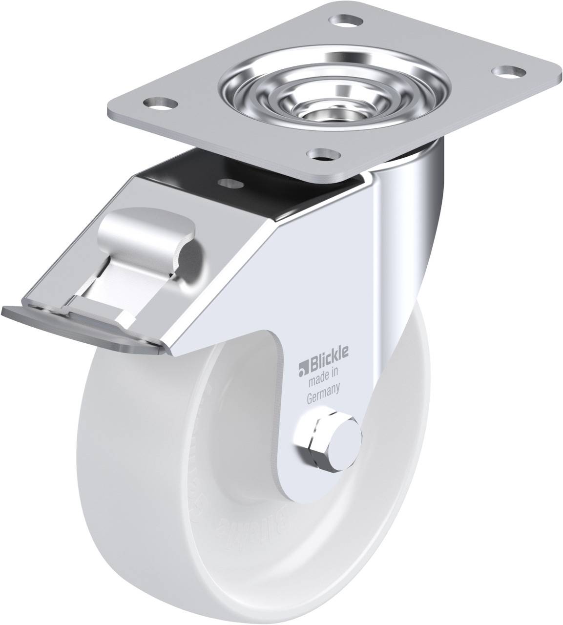 Rollenrad mit Metallplatte und Bremse, ergonomisches Design, ideal für Möbel oder Lagerausrüstung.