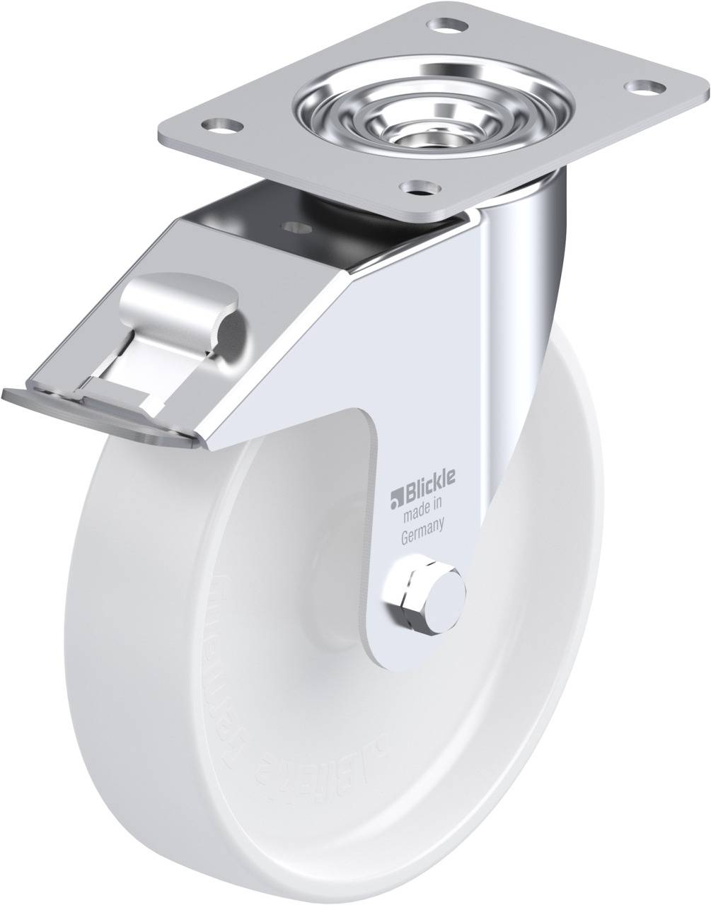 Metallisches Schwenkgehäuse mit weißem Rad und Bremse, geeignet für Möbel oder Geräte. Robust und für vielseitigen Einsatz.