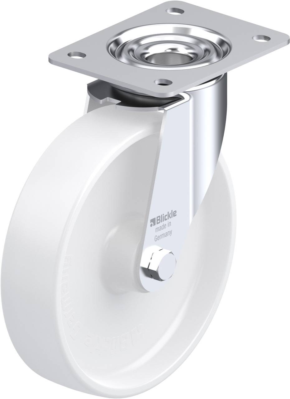 Weißes Lenkrolle mit Metallgehäuse und Befestigungsplatte, geeignet für den Einbau an Möbel oder Geräte.