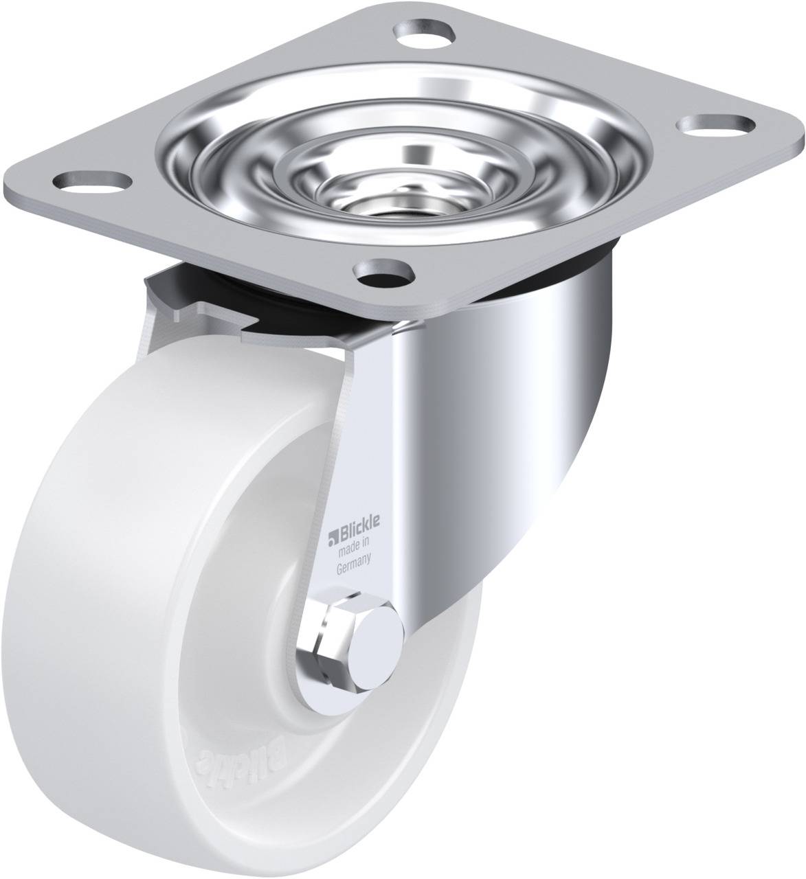 Schwenkrolle mit Metallgehäuse und weißem Rad, zeigt ein Produktbild der Marke 
