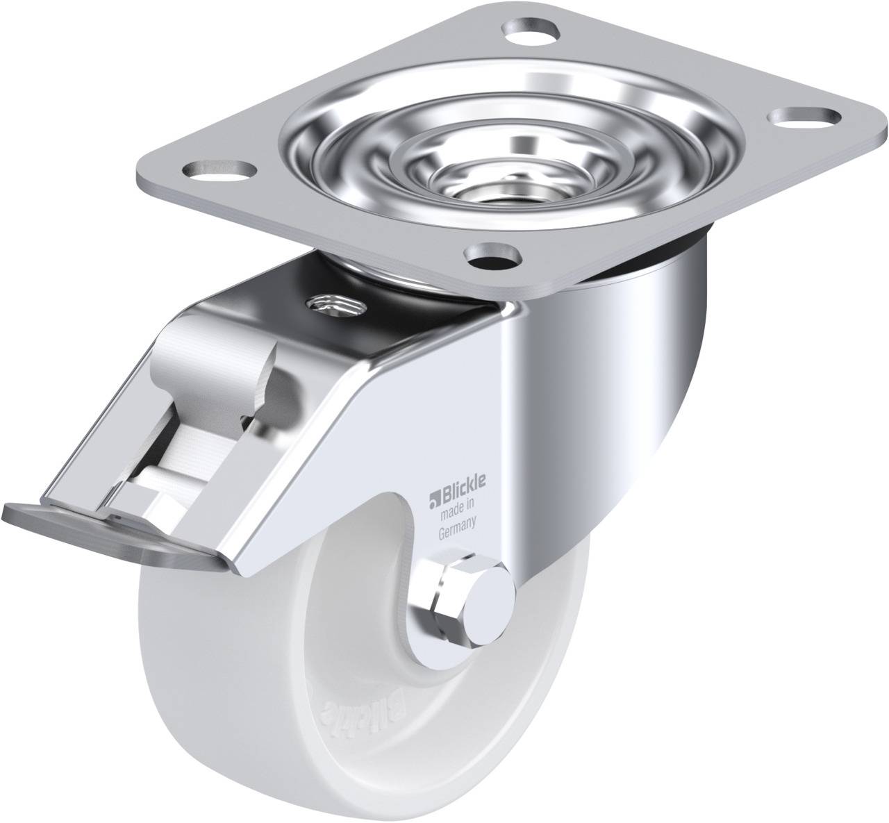 Eine glänzende, schwenkbare Rolle aus Metall mit einer weißen Gummireifung, geeignet für den industriellen Einsatz an Maschinen oder Möbeln.