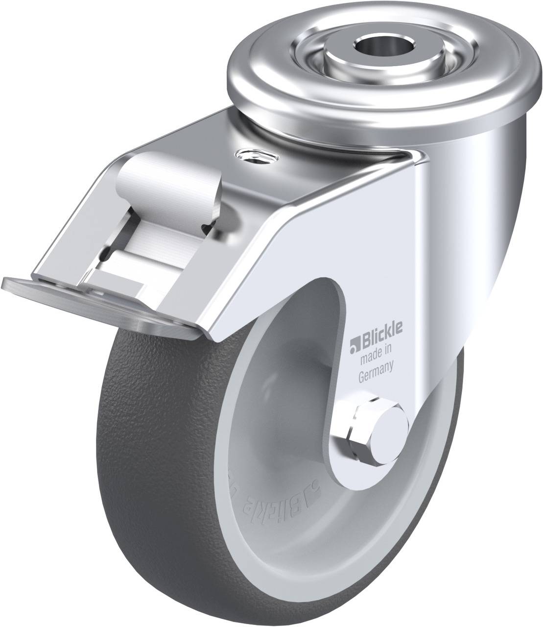 Metallrolle mit grauem Rad und integriertem Lager, geeignet für Möbel oder Transportwagen. Aufschrift 'Blickle, made in Germany'.